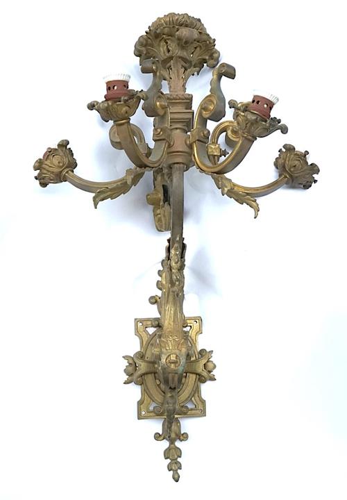 A SET OF FIVE GILT- BRONZE FIVE LIGHT WALL APPLIQUÉS