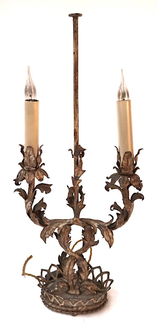 A FRENCH TOLE-WARE TWO-LIGHT CANDLEABRA