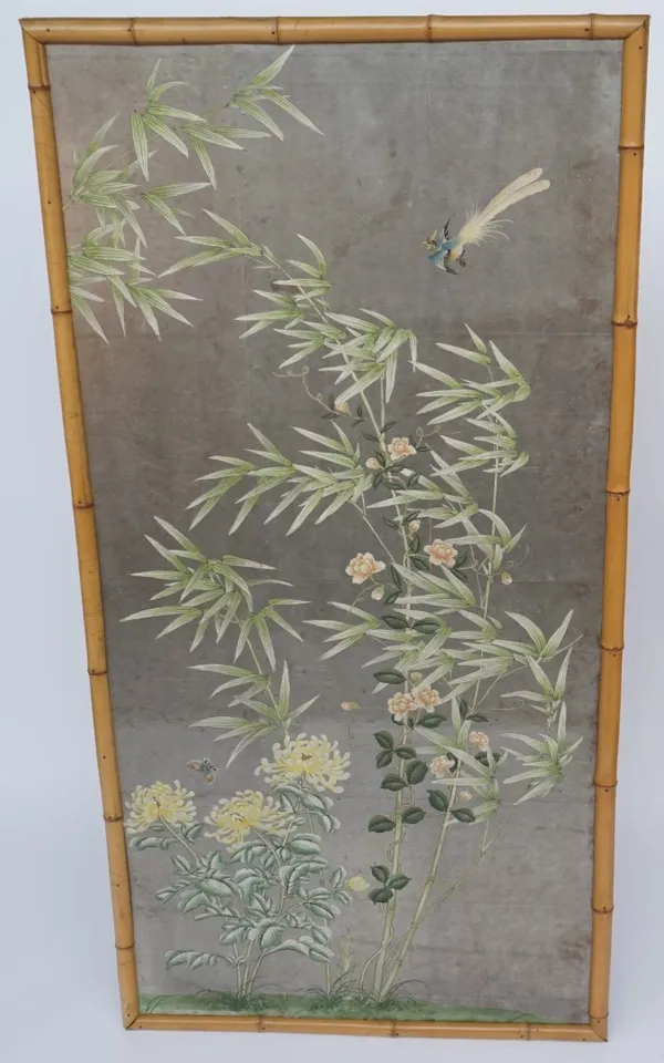 A PAIR OF SPLIT BAMBOO FRAMED CHINOISERIE DECORATED PANELS