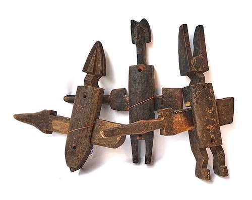 THREE TRIBAL BAMBARA GRANARY DOOR LOCKS, MALI (3)