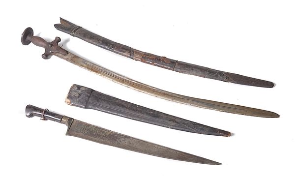 TWO SMALL EASTERN SWORDS IN LEATHER SCABBARDS (2)