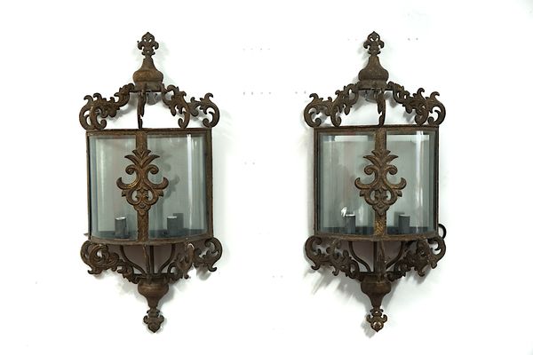 A PAIR GILT-METAL TWIN LIGHT WALL APPLIQUÉS