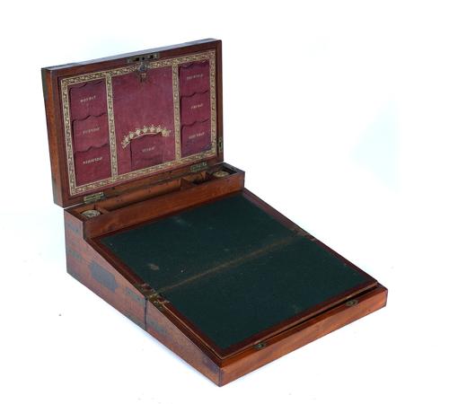 A VICTORIAN BRASS BOUND MAHOGANY TRIPLE FOLD OUT WRITING SLOPE