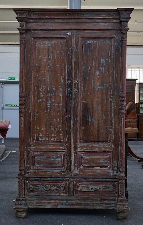 A 19TH CENTURY INDIAN DISTRESSED POLYCHROME PAINTED ARMOIRE
