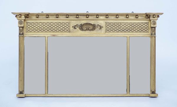 A REGENCY STYLE GILT FRAMED TRIPLE PLATE OVERMANTEL MIRROR