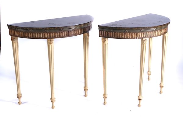 A PAIR OF GEORGE III STYLE POLYCHROME PAINTED DEMI-LUNE CONSOLE TABLES  (2)