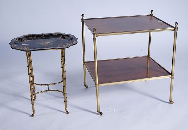 AN EARLY 20TH CENTURY LACQUERED BRASS AND ROSEWOOD TWO TIER ETAGERE (2)