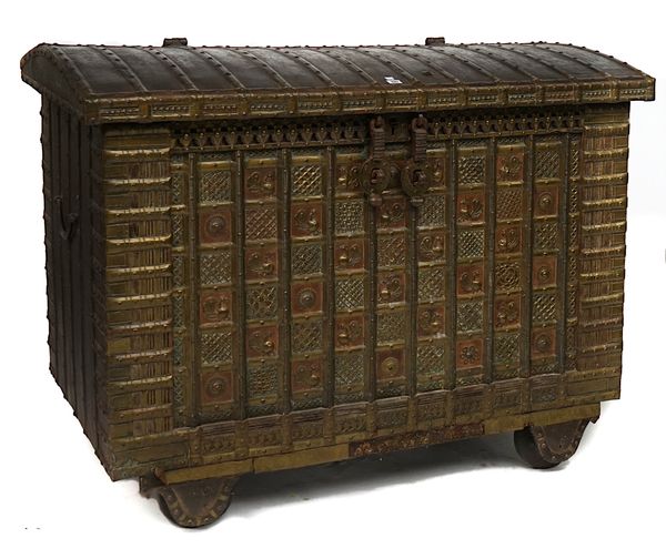 A LARGE 19TH CENTURY IRON AND BRASS BOUND TEAK DOME TOP INDIAN MARRIAGE CHEST