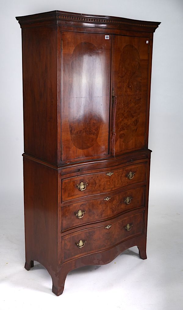 A GEORGE III STYLE FIGURED WALNUT LINEN PRESS, OF SMALL PROPORTIONS