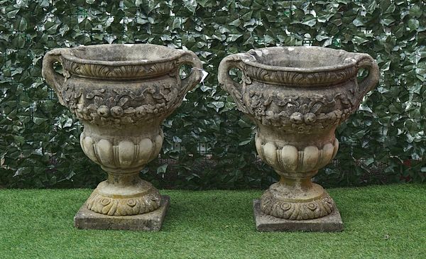 A LARGE PAIR OF RECONSTITUTED STONE TWIN-HANDLED JARDINIERES (2)