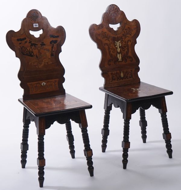 A PAIR OF 19TH CENTURY ITALIAN INLAID WALNUT HALL CHAIRS (2)