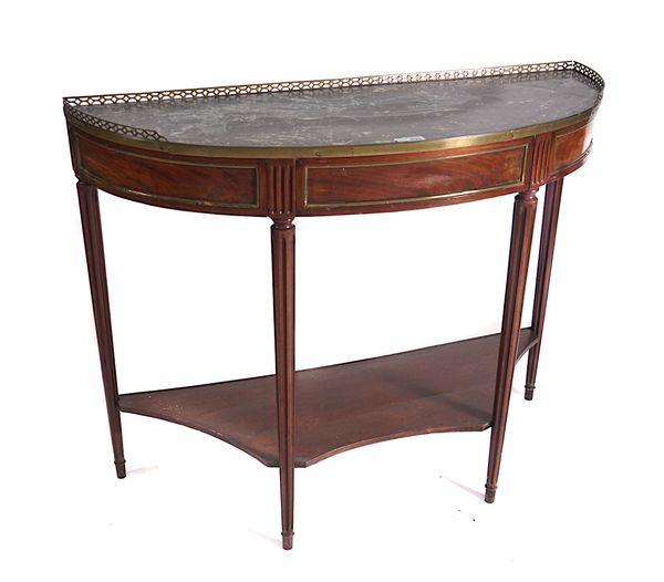 A 19TH CENTURY FRENCH MARBLE TOPPED BRASS MOUNTED MAHOGANY SEMI-ELLIPTIC CONSOLE TABLE