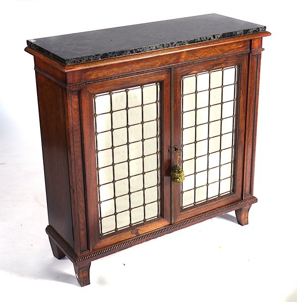 A WILLIAM IV ROSEWOOD TWO DOOR SIDE CABINET, WITH LATER ASSOCIATED MARBLE TOP