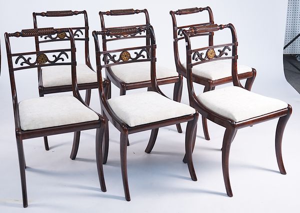 A SET OF SIX REGENCY BRASS INLAID FAUX ROSEWOOD DINING CHAIRS (6)