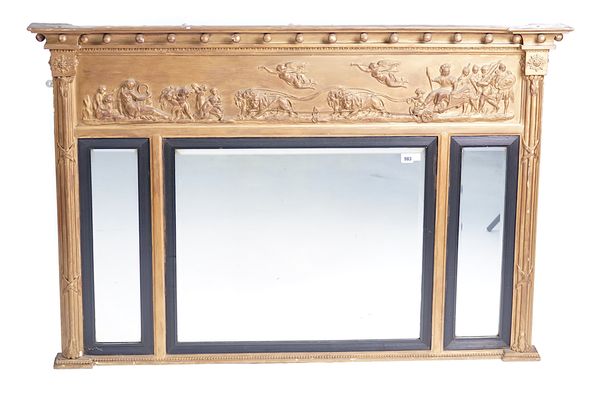 A 19TH CENTURY GILT FRAMED TRIPLE PLATE OVERMANTLE MIRROR