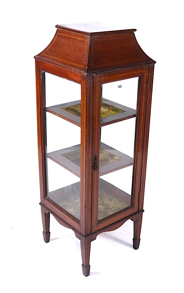 AN EDWARDIAN INLAID MAHOGANY SQUARE FLOOR STANDING DISPLAY CABINET