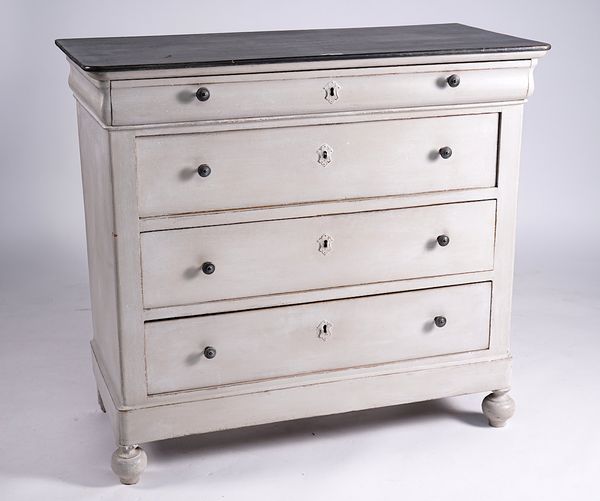 A 19TH CENTURY FRENCH LATER PAINTED COMMODE WITH FAUX MARBLE TOP