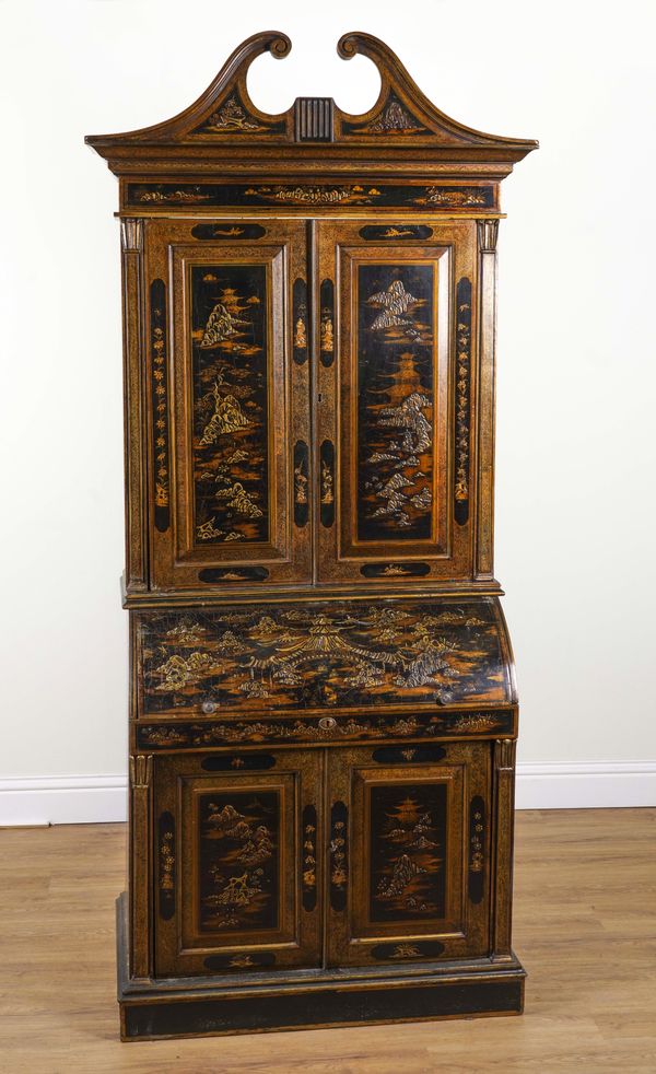 AN EARLY 19TH CENTURY BLACK LACQUER CHINOISERIE DECORATED BUREAU BOOKCASE