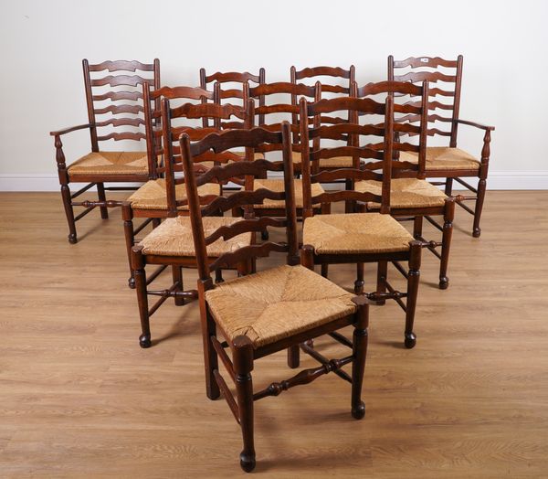 A SET OF TEN ASH AND OAK RUSH SEAT LADDERBACK DINING CHAIRS (10)