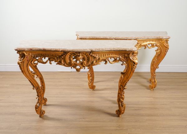 A PAIR OF 18TH CENTURY STYLE SHAPED MARBLE TOPPED CONSOLE TABLES (2)