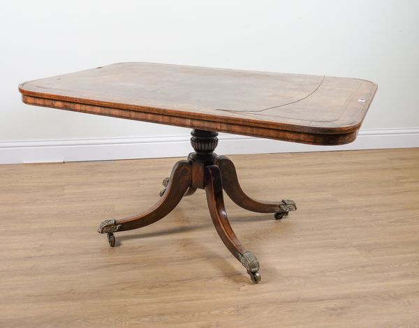 A REGENCY BRASS INLAID ROSEWOOD BANDED MAHOGANY SNAP TOP BREAKFAST TABLE