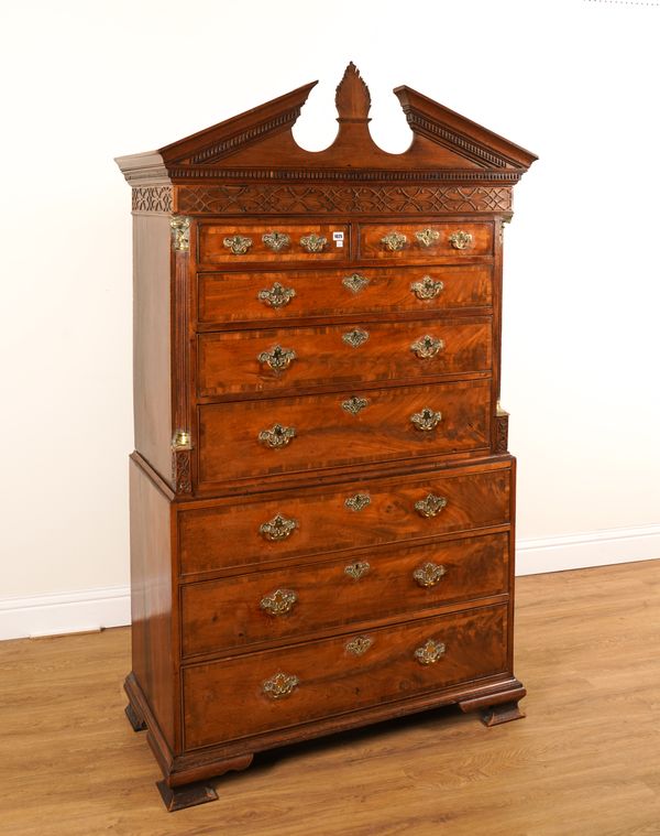 AN 18TH CENTURY GILT METAL MAHOGANY EIGHT DRAWER CHEST ON CHEST