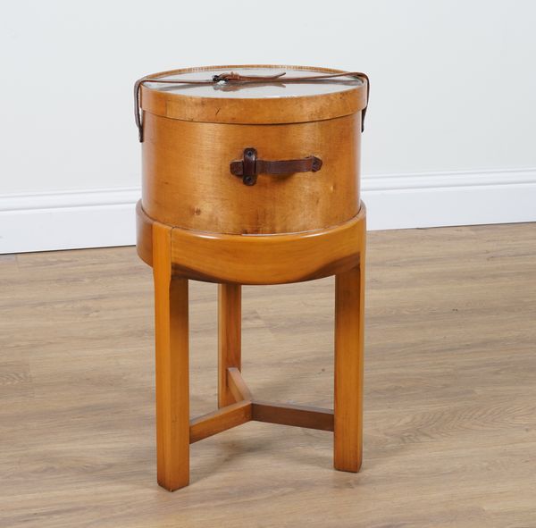 A SHAKER MADE CIRCULAR PLYWOOD HATBOX ON STAND