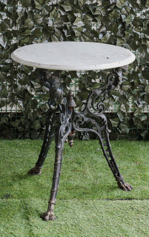 PROBABLY COALBROOKDALE, A MARBLE TOP GARDEN TABLE ON THREE CAST IRON CARYATID SUPPORTS, KITE STAMPED TO BASE