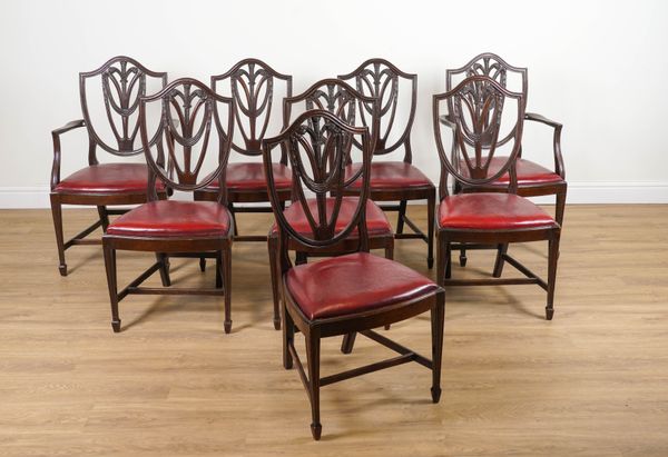 A SET OF EIGHT HEPPLEWHITE DESIGN MAHOGANY SHIELD BACK DINING CHAIRS, WITH PRINCE OF WALES FEATHER SPLAT (8)