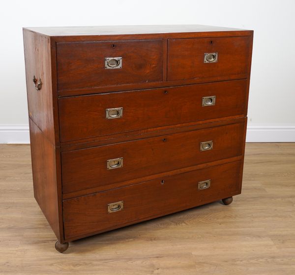 A 19TH CENTURY ANGLO INDIAN TWO SECTION TEAK FIVE DRAWER CAMPAIGN CHEST