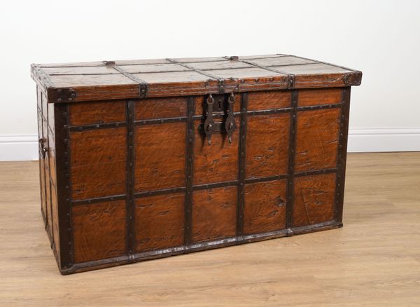 A 19TH CENTURY INDIAN IRON BOUND TEAK TRUNK