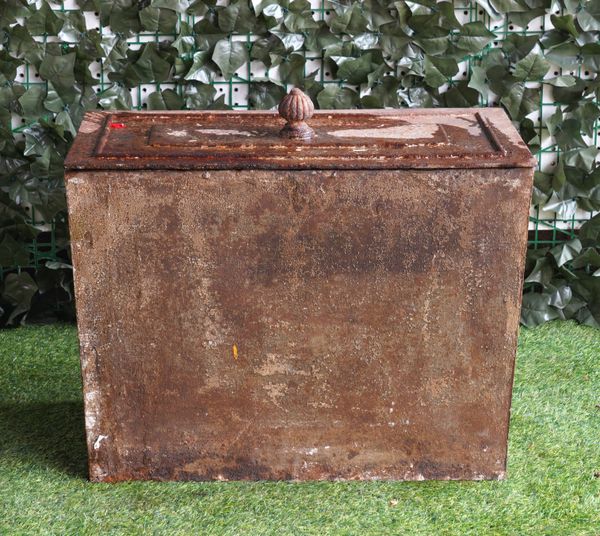 A CAST IRON ICE BOX/ CISTERN WITH ACORN HANDLED LID