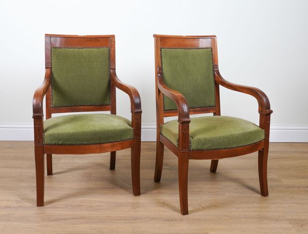 A PAIR OF FRENCH MAHOGANY FRAMED OPEN ARMCHAIRS (2)