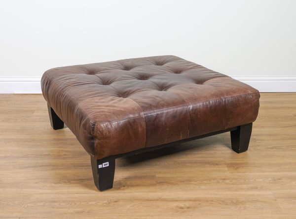 POTTERY BARN; A SQUARE BROWN LEATHER UPHOLSTERED FOOTSTOOL