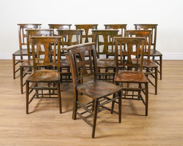 A SET OF TWELVE 20TH CENTURY ELM SEATED CHAPEL CHAIRS (12)