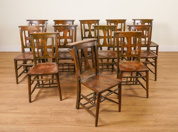 A SET OF TWELVE 20TH CENTURY ELM SEATED CHAPEL CHAIRS (12)