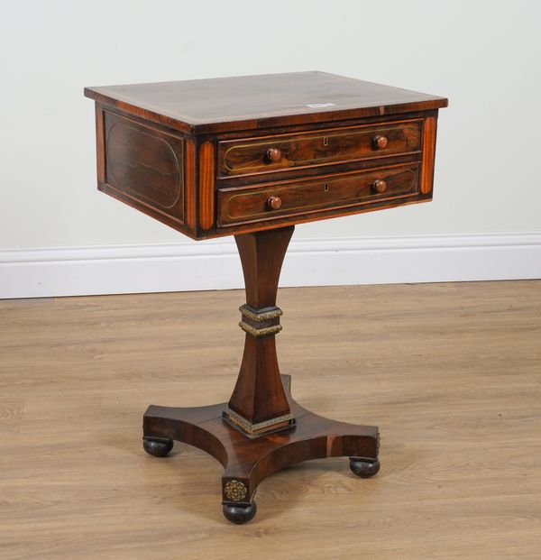 A REGENCY SATINWOOD BANDED ROSEWOOD TWO DRAWER SIDE TABLE