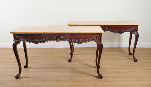 A PAIR OF 18TH CENTURY STYLE MARBLE TOP CONSOLE TABLES (2)