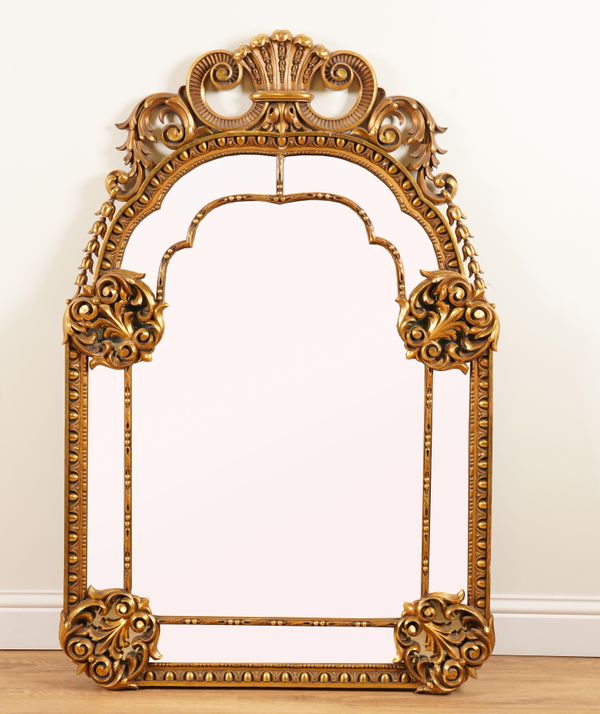 AN 18TH CENTURY STYLE ARCH TOP GILT FRAMED MARGINAL MIRROR