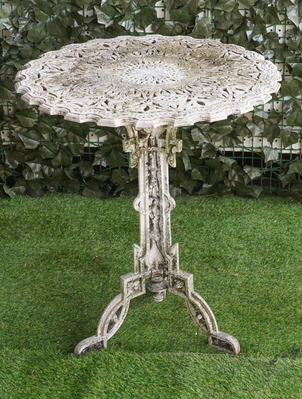 A WHITE PAINTED ALUMINIUM GARDEN TABLE WITH PIERCED FILIGREE TOP