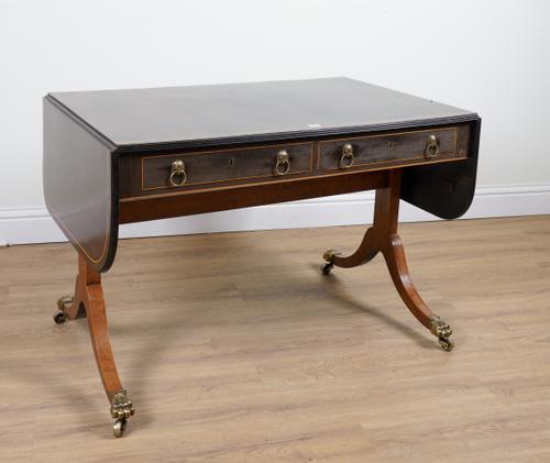 A GEORGE III LINE INLAID PALM WOOD VENEERED TWO DRAWER SOFA TABLE ON FOUR DOWNSWEPT SATINWOOD SUPPORTS