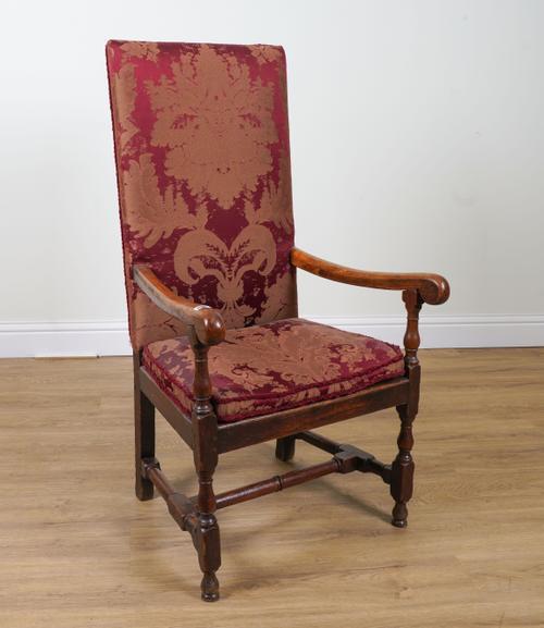 A WILLIAM AND MARY STYLE OAK AND ELM FRAMED HIGH SQUARE BACK OPEN ARMCHAIR