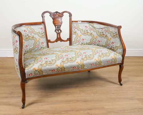 AN EDWARDIAN MARQUETRY INLAID STAINED BEECH TUB BACK SOFA