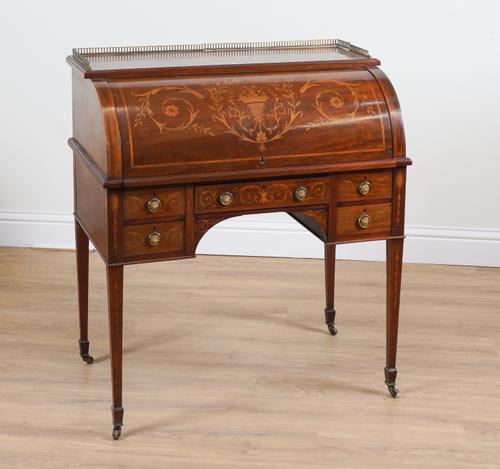 A LATE 19TH CENTURY MARQUETRY INLAID MAHOGANY CYLINDER BUREAU