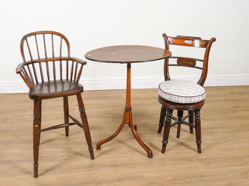 A 19TH CENTURY BRASS INLAID BEECH AND SATINWOOD HEIGHT ADJUSTABLE CHAIR BACK PIANO STOOL (3)