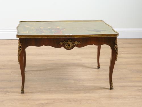 A 20TH CENTURY GREEN LACQUER CHINESE CHINOISERIE DECORATED COFFEE TABLE