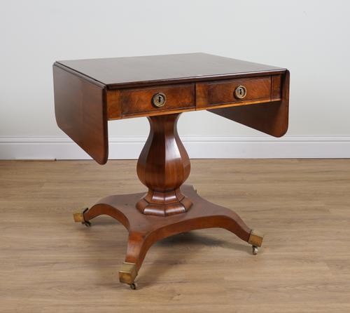 A 19TH CENTURY MAHOGANY DROP FLAP TWO DRAWER CENTRE TABLE