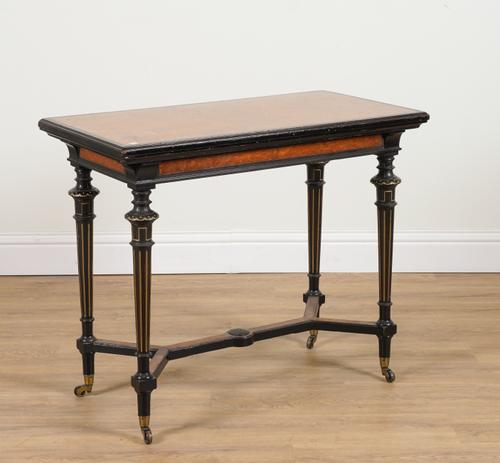 GILLOW AND CO; A 19TH CENTURY PARCEL GILT EBONISED BURR WALNUT RECTANGULAR FOLDOVER CARD TABLE