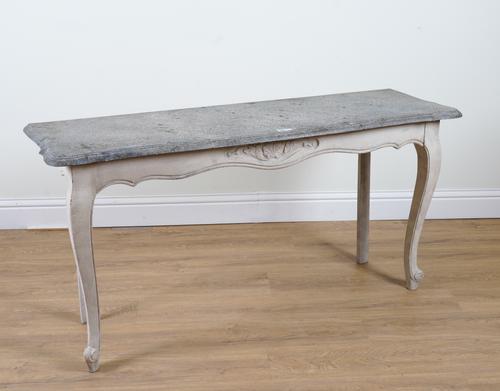 A CONSOLE TABLE WITH FAUX PAINTED SLATE TOP AND CREAM BASE