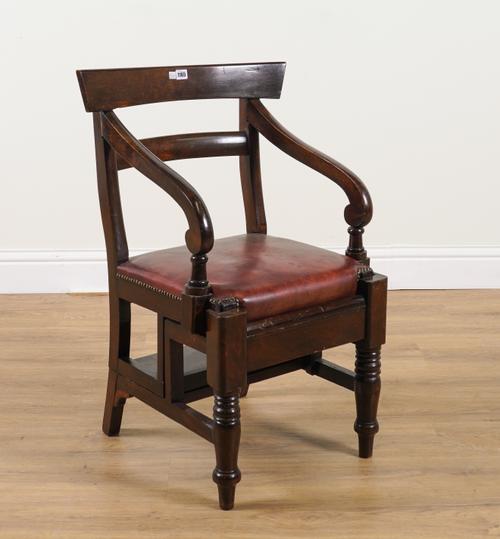 A STAINED BEECH METAMORPHIC LIBRARY OPEN ARMCHAIR/STEPS OF REGENCY DESIGN
